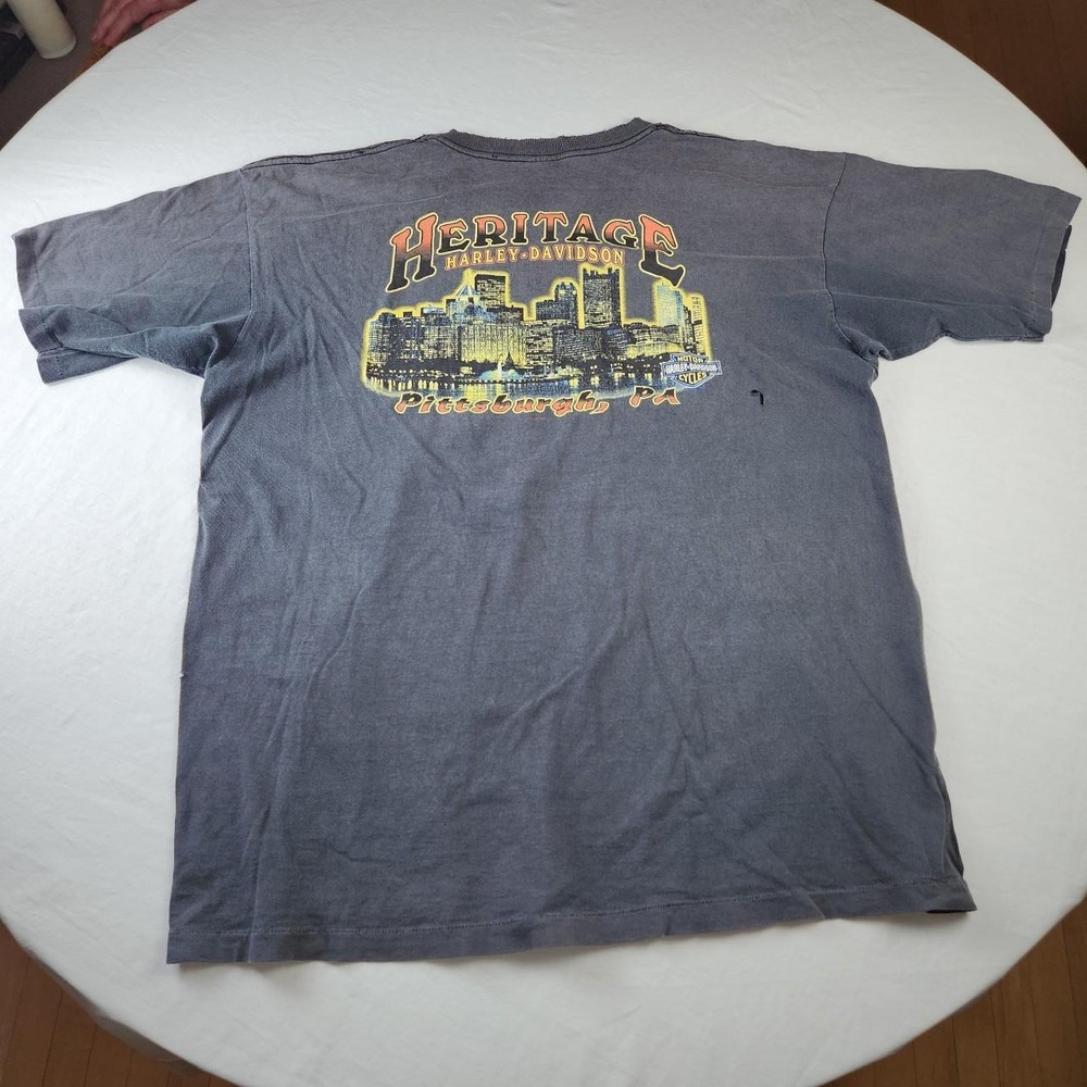 Vintage 90s Harley Davidson Pittsburgh Heritage Thrashed T-Shirt 2XL Faded Black